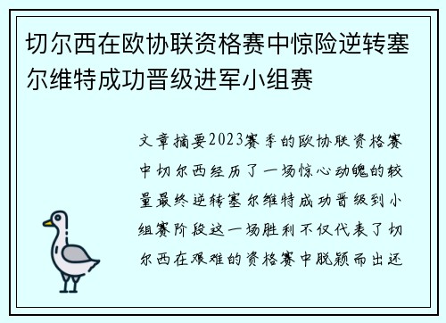 切尔西在欧协联资格赛中惊险逆转塞尔维特成功晋级进军小组赛